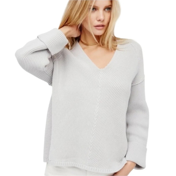 Free People La Brea Cotton V Neck Pullover Sweater Gray Size XS - Picture 1 of 10